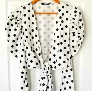 SheIn Polka dot Puff Shoulder Front Tie Blouse